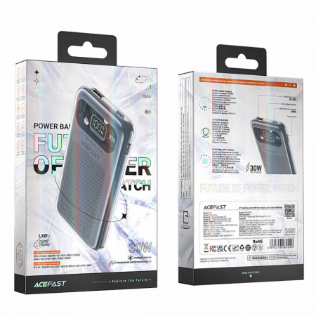 Мобильный аккумулятор ACEFAST M1, 10000mAh, 1 USB, 2 Type-C выхода, PD30 Вт, QC3.0, дисплей, цвет: бледно зеленый (6974316282013)