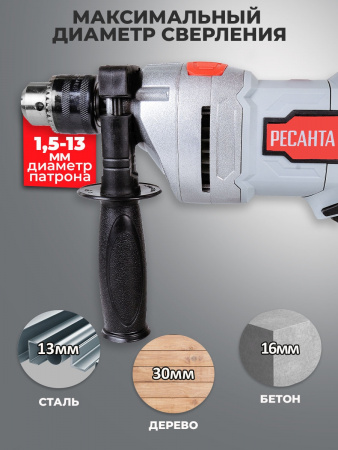 Дрель ударная РЕСАНТА ДУ-16/1100МК 1100Вт патрон:кулачковый реверс (кейс в комплекте)